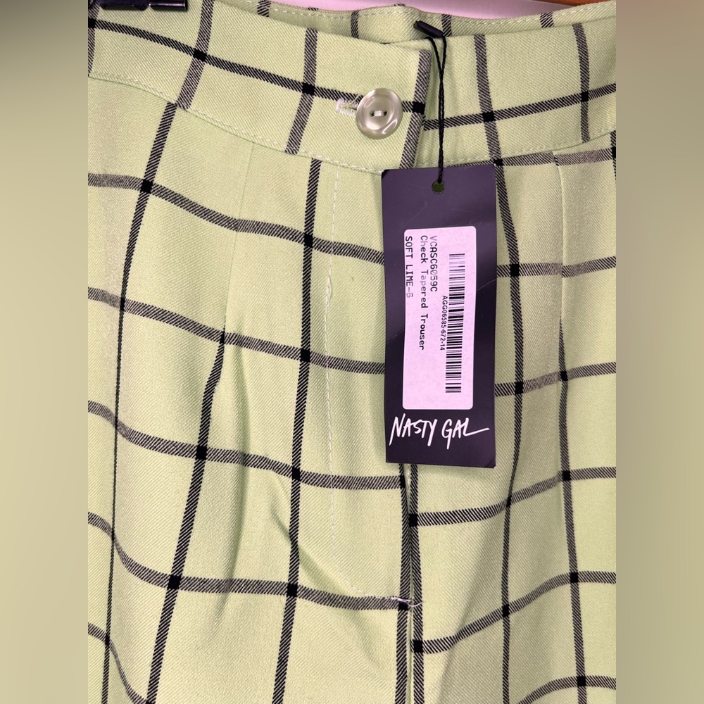 Nasty Gal Lime Green Checkered Trousers NWT High Waist Straight Leg Pants - Picture 5 of 12